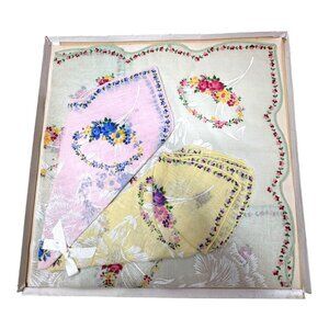 Vintage Handmade Embroidered Floral Chintz Linen Handkerchief Set Pastel Colors